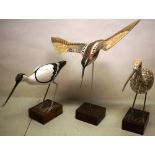 Three painted carved wood wading birds, an avocet, 10in (25.5cm) a sandpiper, 13in (33cm) and a