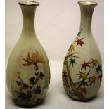 A pair of Chinese grey celadon glazed pottery octagonal baluster vases, decorated differing