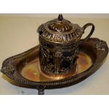 A French Louis XV provincial silver mustard pot on a navette shape stand, with a bead edge