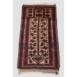 Baluchi prayer rug, Khorasan, north east Persia, circa 1910-20s, 4ft. X 2ft. 2in. 1.22m. X 0.66m.