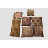 Collection of seven cushions, comprising four kelim cushions with royal blue velvet backs; a