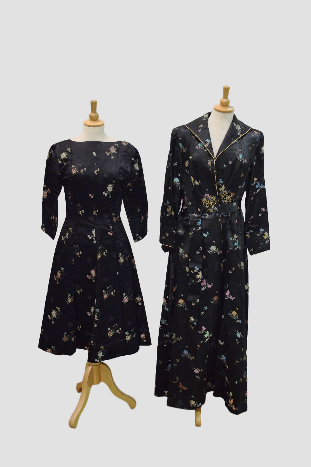 Chinese brocaded black satin evening coat and dress, mid-20th century, made for the Western
