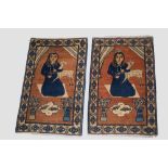 Pair of Tabriz pictorial mats, north west Persia, circa 1040s-50s, each 2ft. 8in. X 1ft. 9in. 0.81m.