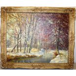 Favourin. A signed oil painting on hardboard, winter landscape of a tree lined river, in the snow,