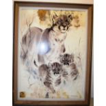 A signed watercolour of a female leopard with two cubs, 30in (76cm) x 21.5in (54.5cm) signature