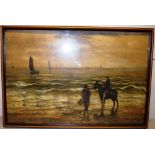 W R Mainds. A signed gouache on millboard, a man on a donkey talking to a fisherman with fishing