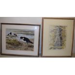 John Stephens. A signed mixed media tempera and watercolour, of oyster catchers at low tide, 12.