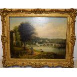 Joslin. A signed oil painting on canvas, a Victorian scene of Richmond Bridge with sailing barges
