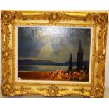 Tom Mostyn. An oil painting on canvas laid on to board, moonlit scene overlooking a lake from a