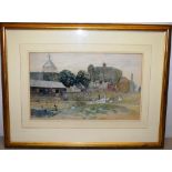 Walter Stocks 1867. A signed watercolour drawing, geese by a pond in the manor farmyard, with the
