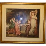 A coloured engraving, after Gainsborough, children dancing to a tambourine, by a garden temple,