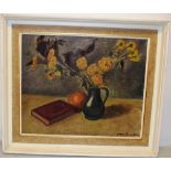 Van Ominstred. A signed oil painting on canvas, still life chrysanthemums in a jug on a table,