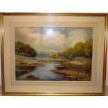 Fred Abbot '98. A signed late Victorian watercolour of a man fishing on a river in the borders, 13.