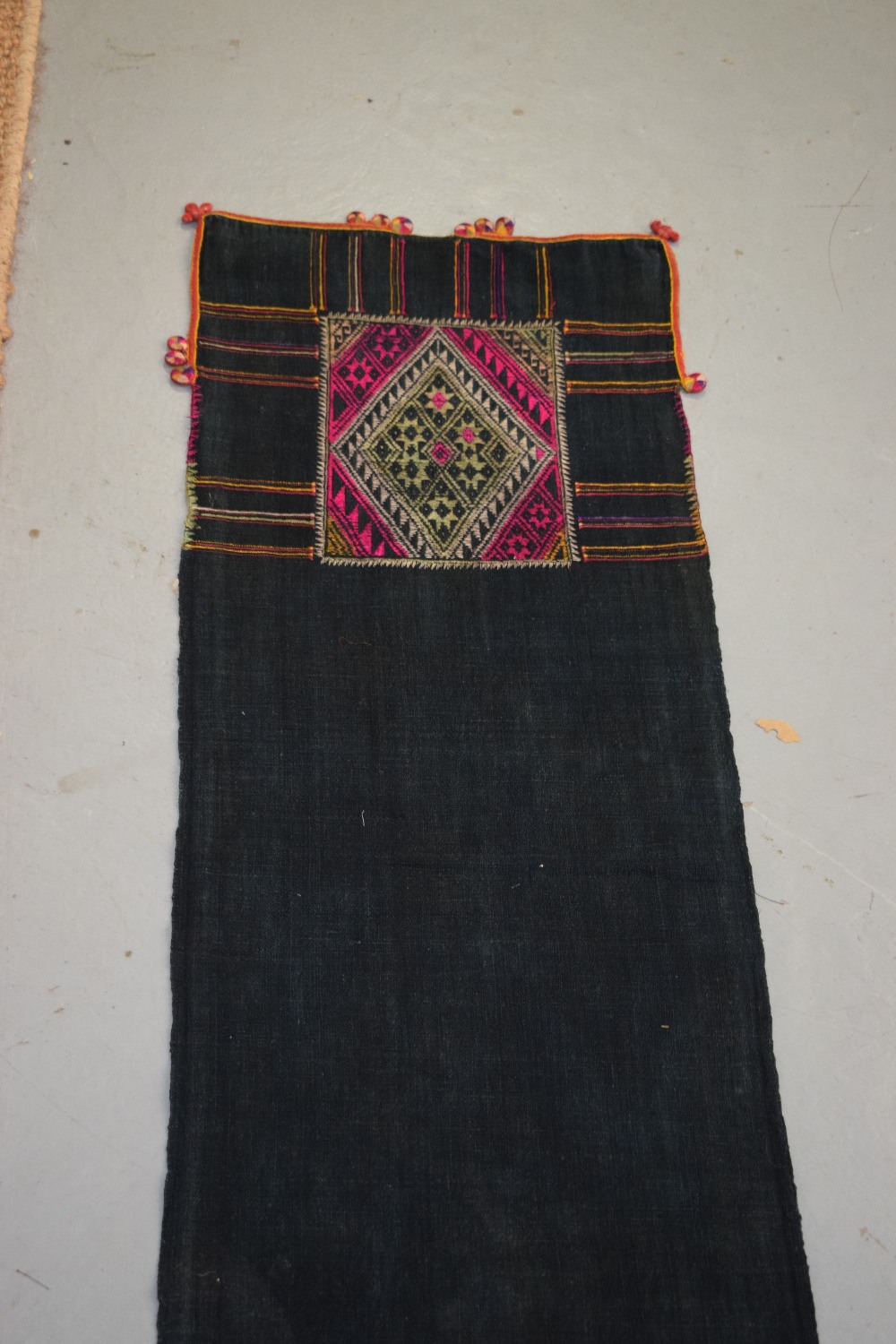 Embroidered and appliqued headcloth from Chiang Mai, north Thailand tribe, Akha, 24in. X 18in. 61cm. - Image 6 of 11