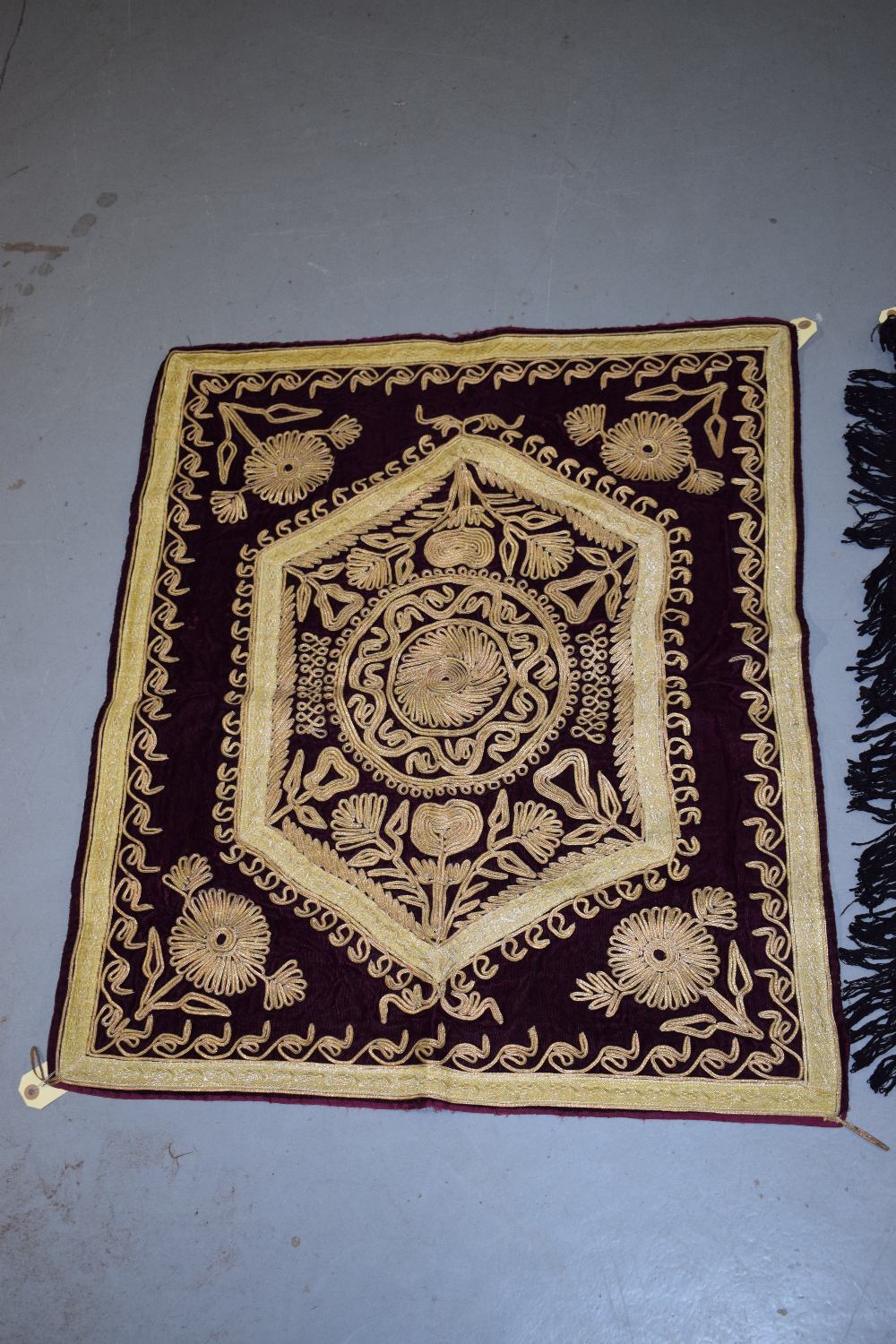 Two attractive Afghan red velvet metal thread embroidered dowry cloths, circa 1960s, each 33in. X - Image 4 of 8