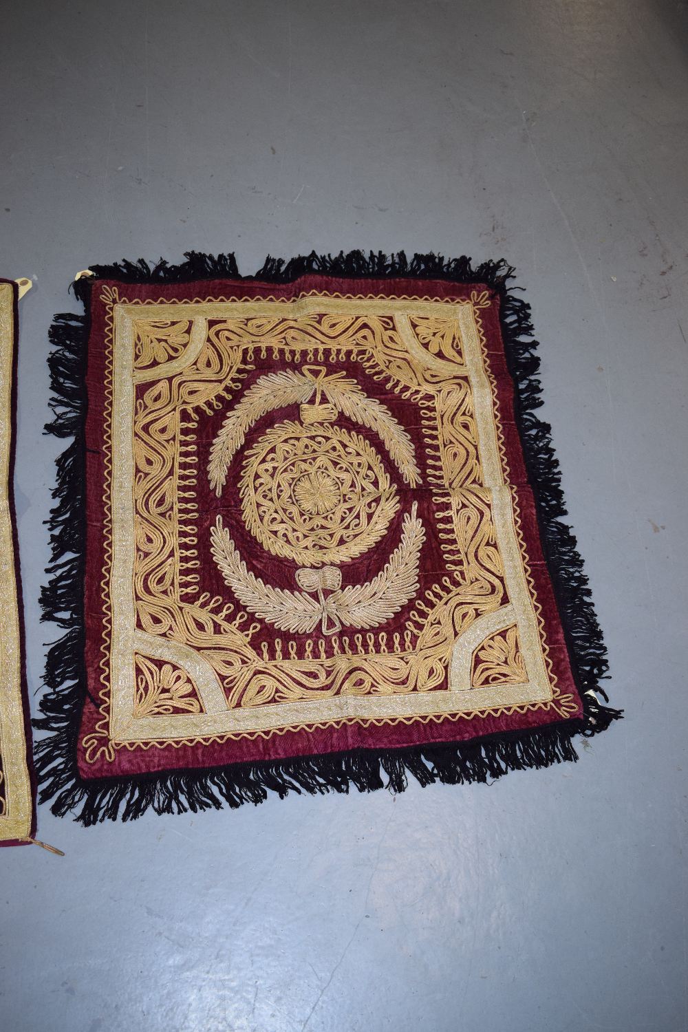 Two attractive Afghan red velvet metal thread embroidered dowry cloths, circa 1960s, each 33in. X - Image 3 of 8