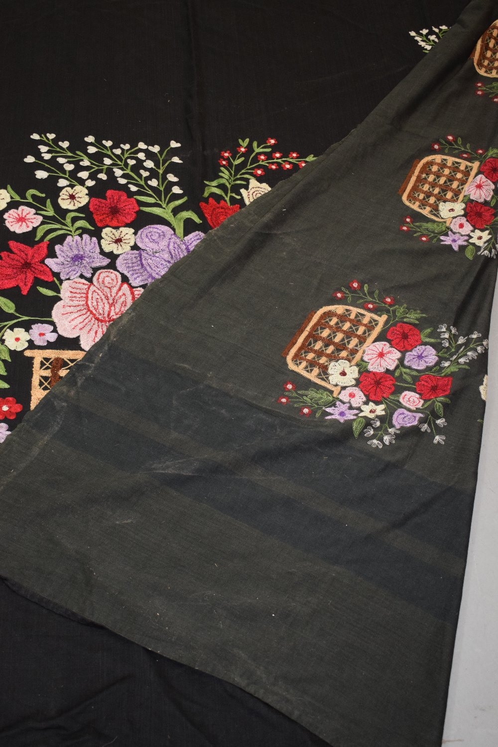 Silk embroidered black cotton bed cover, probably the the Uzbekis of Afghanistan, mid-20th - Image 7 of 7