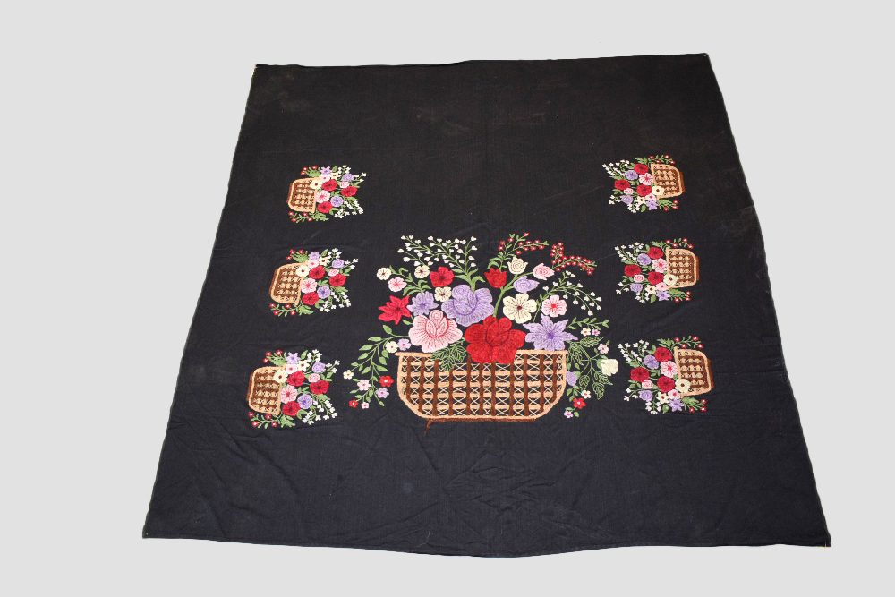 Silk embroidered black cotton bed cover, probably the the Uzbekis of Afghanistan, mid-20th