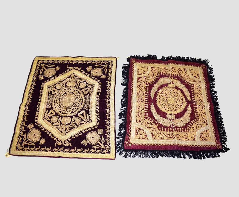 Two attractive Afghan red velvet metal thread embroidered dowry cloths, circa 1960s, each 33in. X - Image 2 of 8