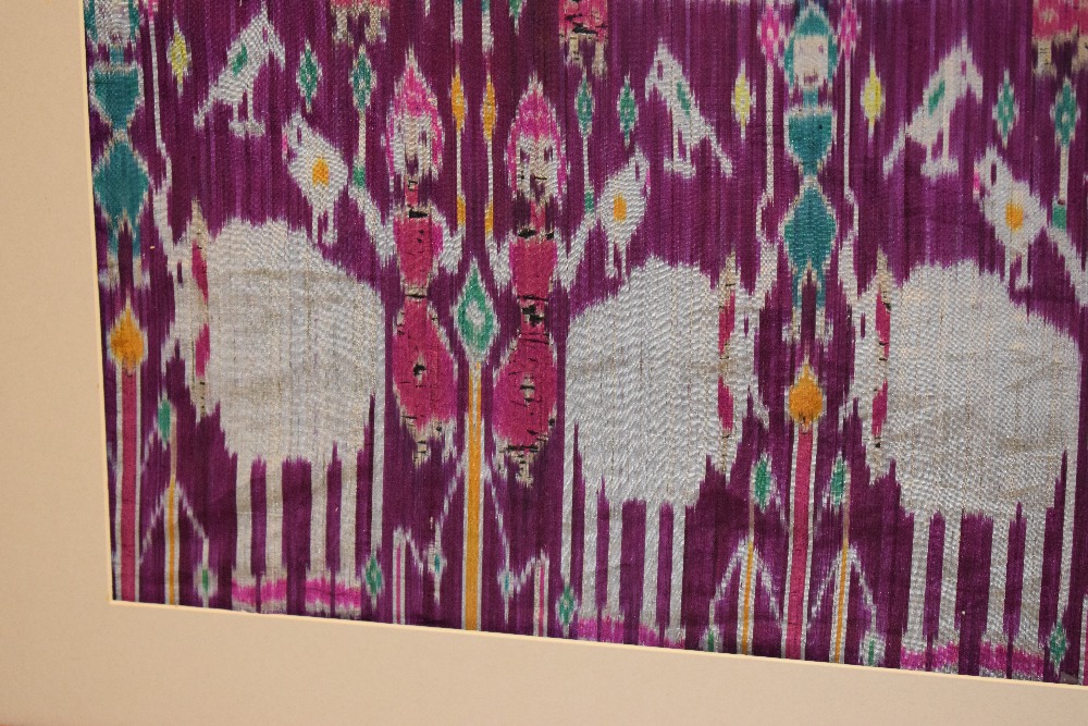 Rare large pictorial silk ikat fragment, depicting a row of pink and green tents across the centre - Image 12 of 13