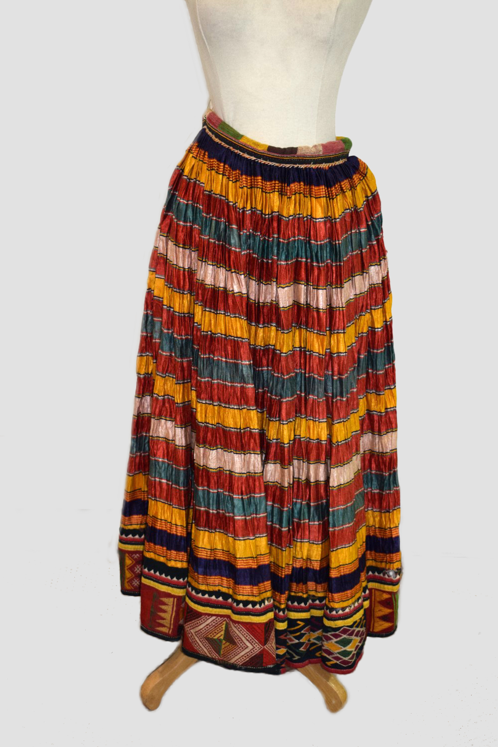 Banjara woman's mashru silk skirt with block printed panels, north west India, circa 1950s;