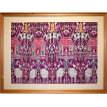 Rare large pictorial silk ikat fragment, depicting a row of pink and green tents across the centre