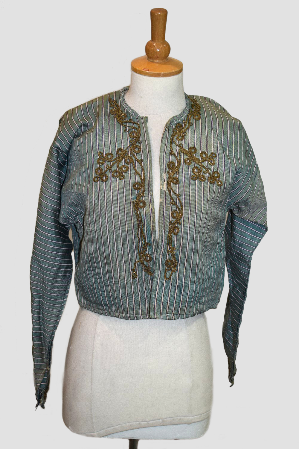 Ottoman silk jacket and matching wide trousers, the pale blue silk with narrow white and purple