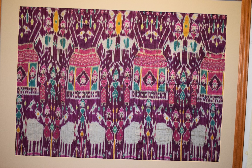 Rare large pictorial silk ikat fragment, depicting a row of pink and green tents across the centre - Image 3 of 13