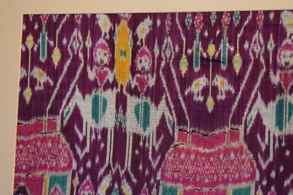 Rare large pictorial silk ikat fragment, depicting a row of pink and green tents across the centre - Image 10 of 13