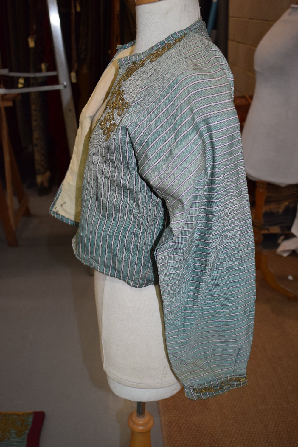 Ottoman silk jacket and matching wide trousers, the pale blue silk with narrow white and purple - Image 8 of 16