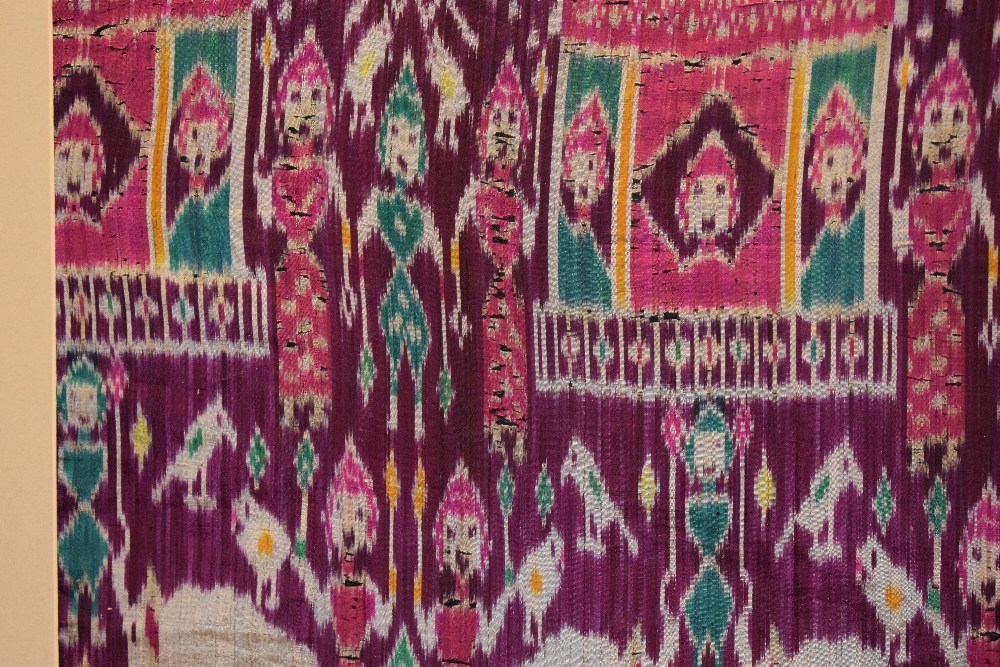 Rare large pictorial silk ikat fragment, depicting a row of pink and green tents across the centre - Image 11 of 13