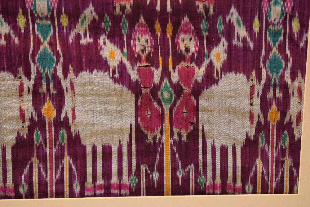 Rare large pictorial silk ikat fragment, depicting a row of pink and green tents across the centre - Image 6 of 13