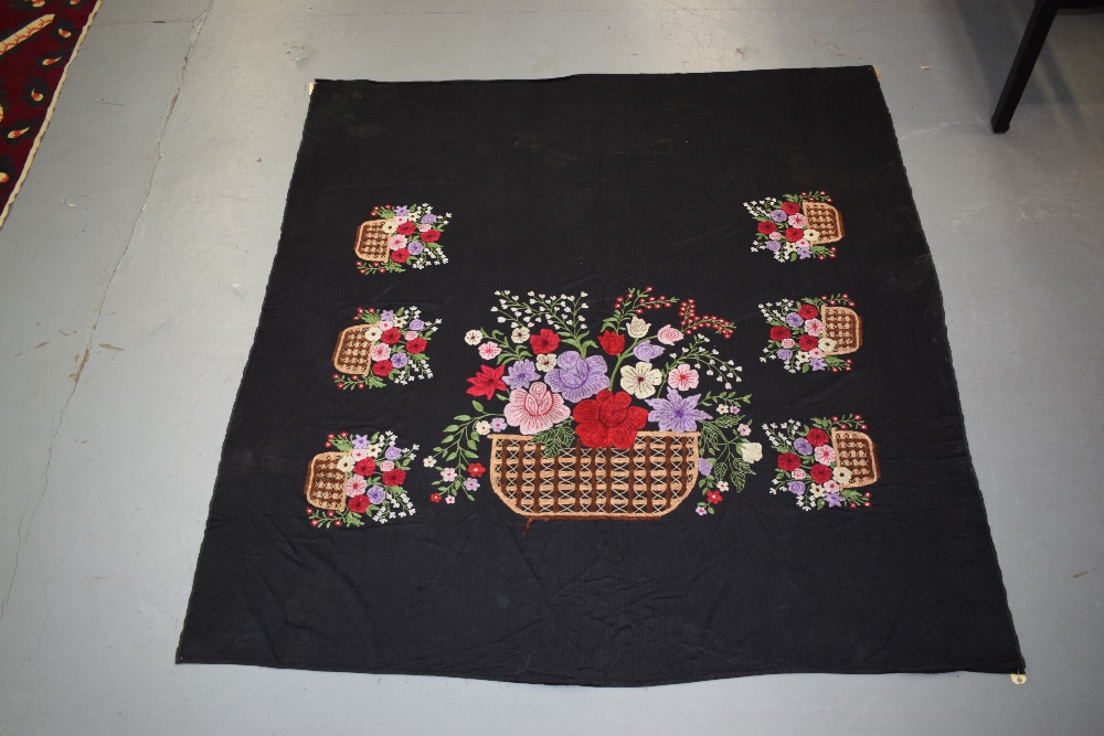 Silk embroidered black cotton bed cover, probably the the Uzbekis of Afghanistan, mid-20th - Image 2 of 7