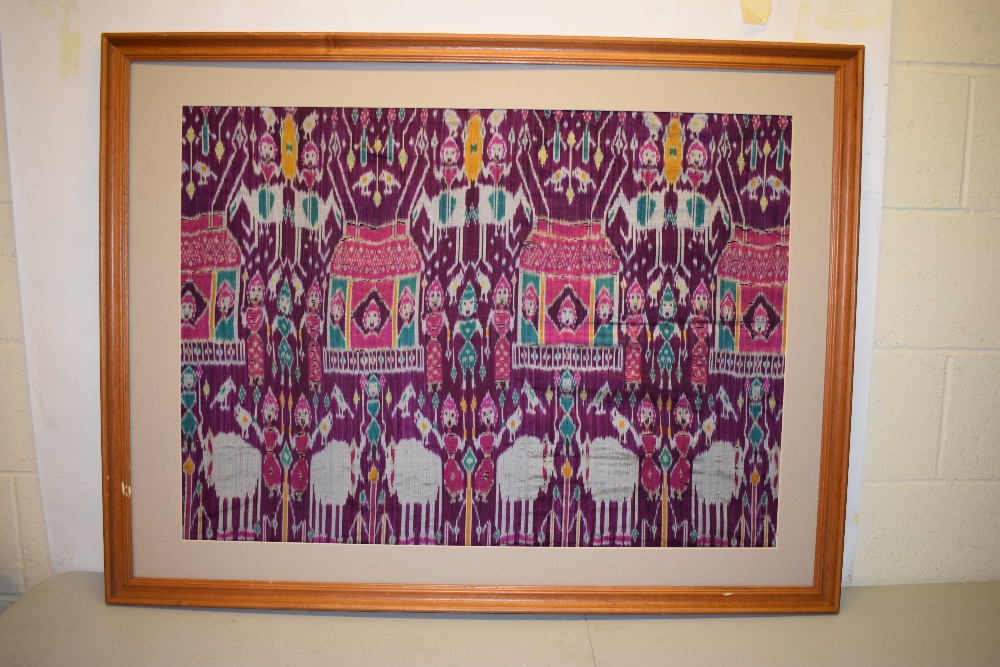 Rare large pictorial silk ikat fragment, depicting a row of pink and green tents across the centre - Image 2 of 13