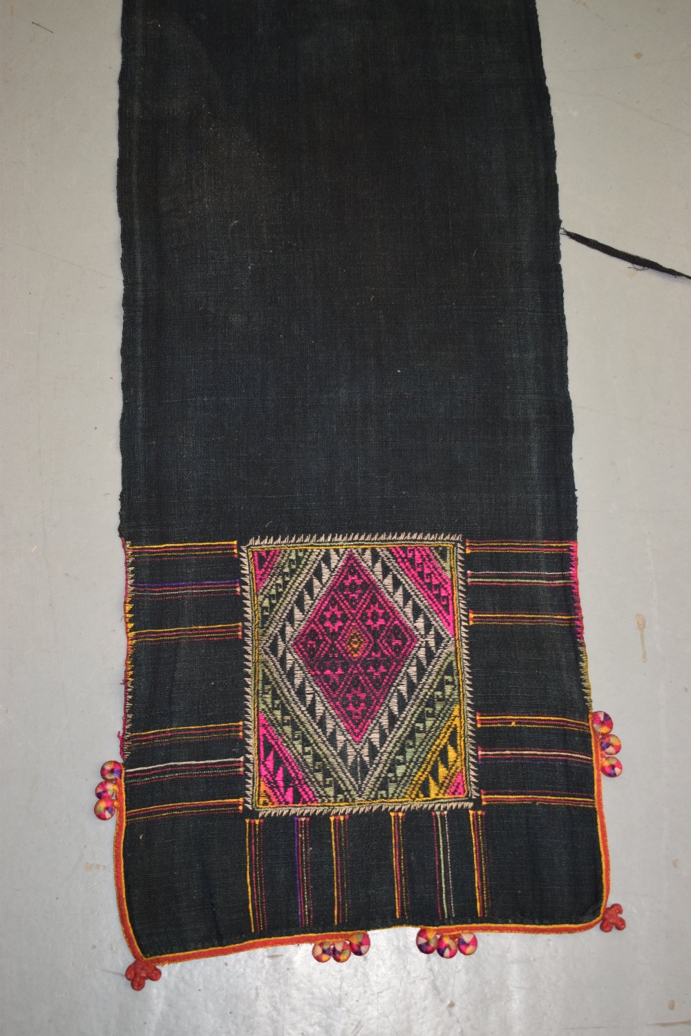 Embroidered and appliqued headcloth from Chiang Mai, north Thailand tribe, Akha, 24in. X 18in. 61cm. - Image 7 of 11