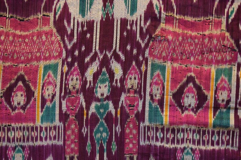 Rare large pictorial silk ikat fragment, depicting a row of pink and green tents across the centre - Image 8 of 13