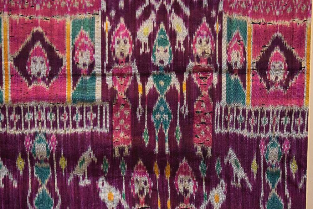 Rare large pictorial silk ikat fragment, depicting a row of pink and green tents across the centre - Image 5 of 13