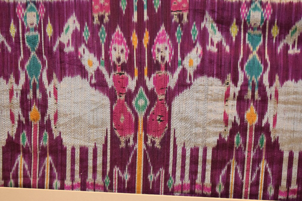 Rare large pictorial silk ikat fragment, depicting a row of pink and green tents across the centre - Image 7 of 13