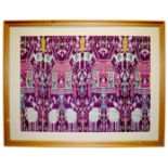 Rare large pictorial silk ikat panel, depicting a row of pink and green tents across the centre