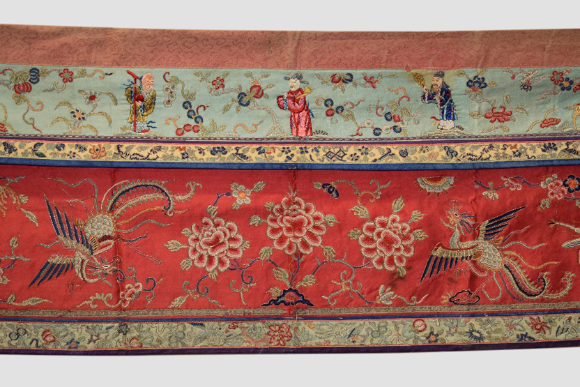 Chinese silk embroidered long panel, possibly an altar frontal, late 19th/early 20th century,
