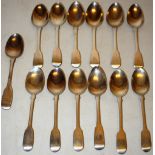 A set of six George IV silver fiddle pattern teaspoons, initialled and seven others mostly