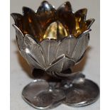 A Victorian cast novelty silver naturalistic salt, modelled as a water lily, gilded inside, the stem