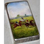 A late Victorian silver vesta, decorated a contemporary enamel horse racing scene and engraved a