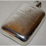 A Victorian silver hip flask, with a crested field sports presentation inscription, having a