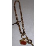 An early Victorian 9ct rose gold linked fob watch chain, with a chased gold fob seal, the red