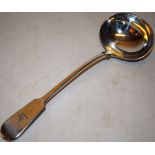 A Victorian West Country silver soup ladle, fiddle pattern, engraved a cockerel crest, 13in (33cm)