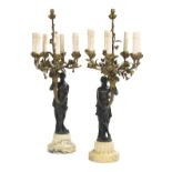 Pair of French Bronze and Marble Candelabra