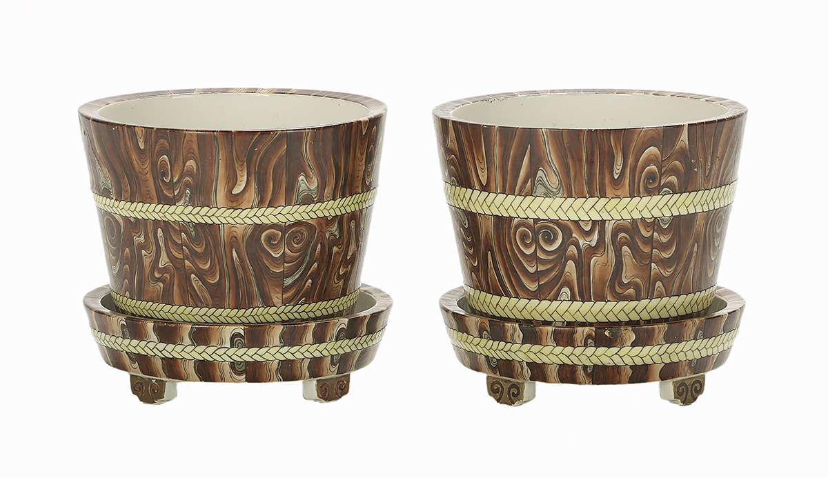 Pair of Chinese Faux Bois Porcelain Cachepots