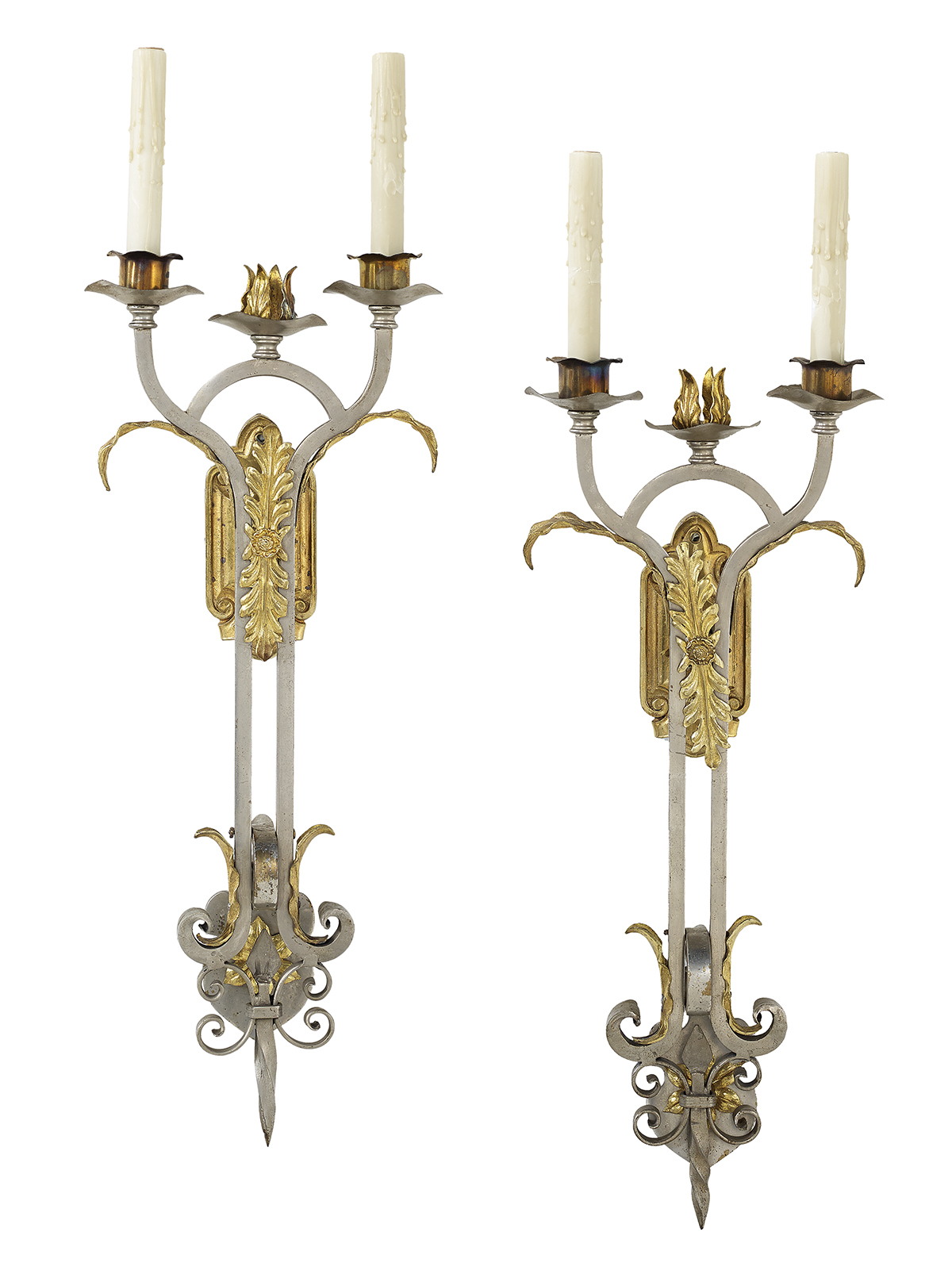 Pair of Unusual French Steel and Bronze Sconces