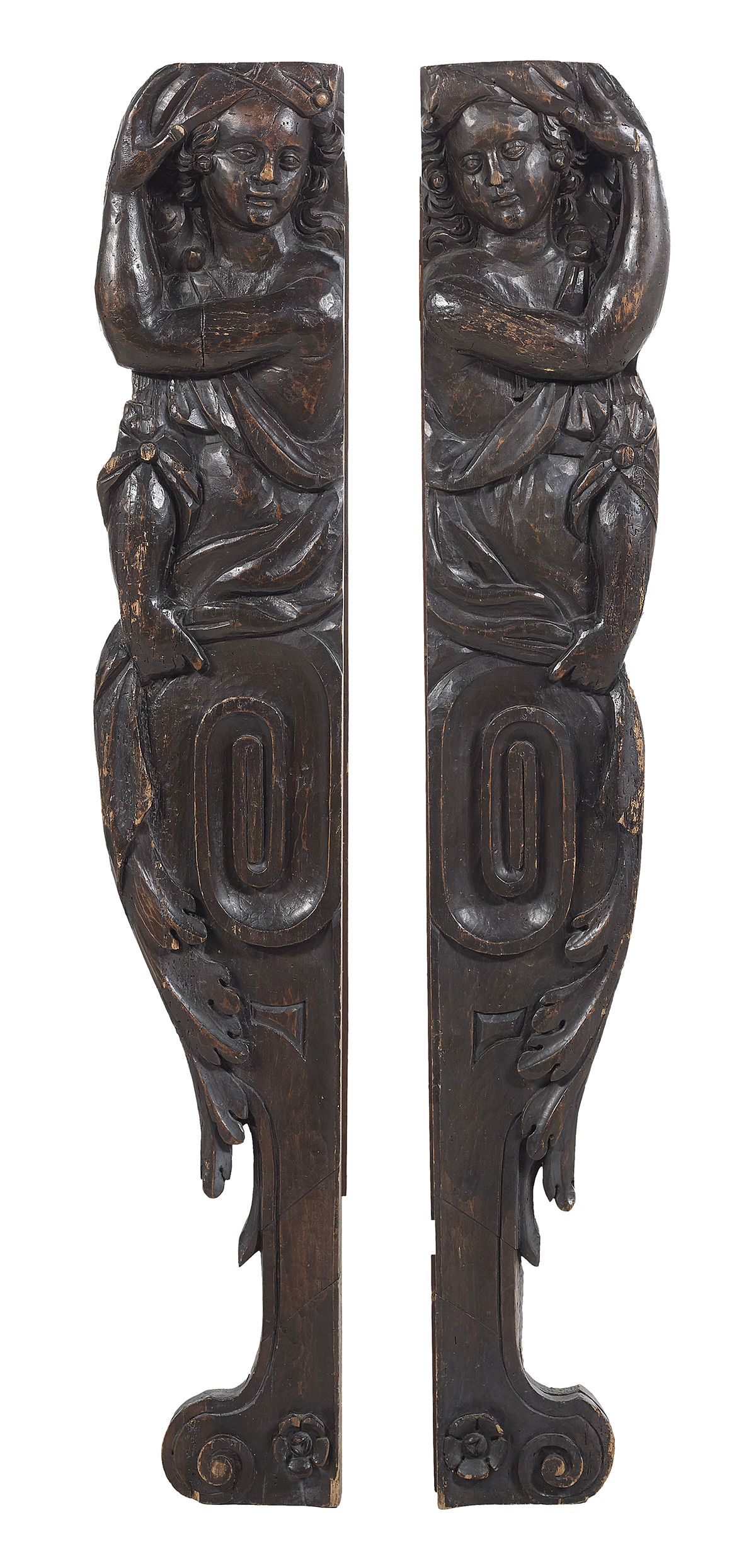 Pair of Large Architectural Wood Carvings